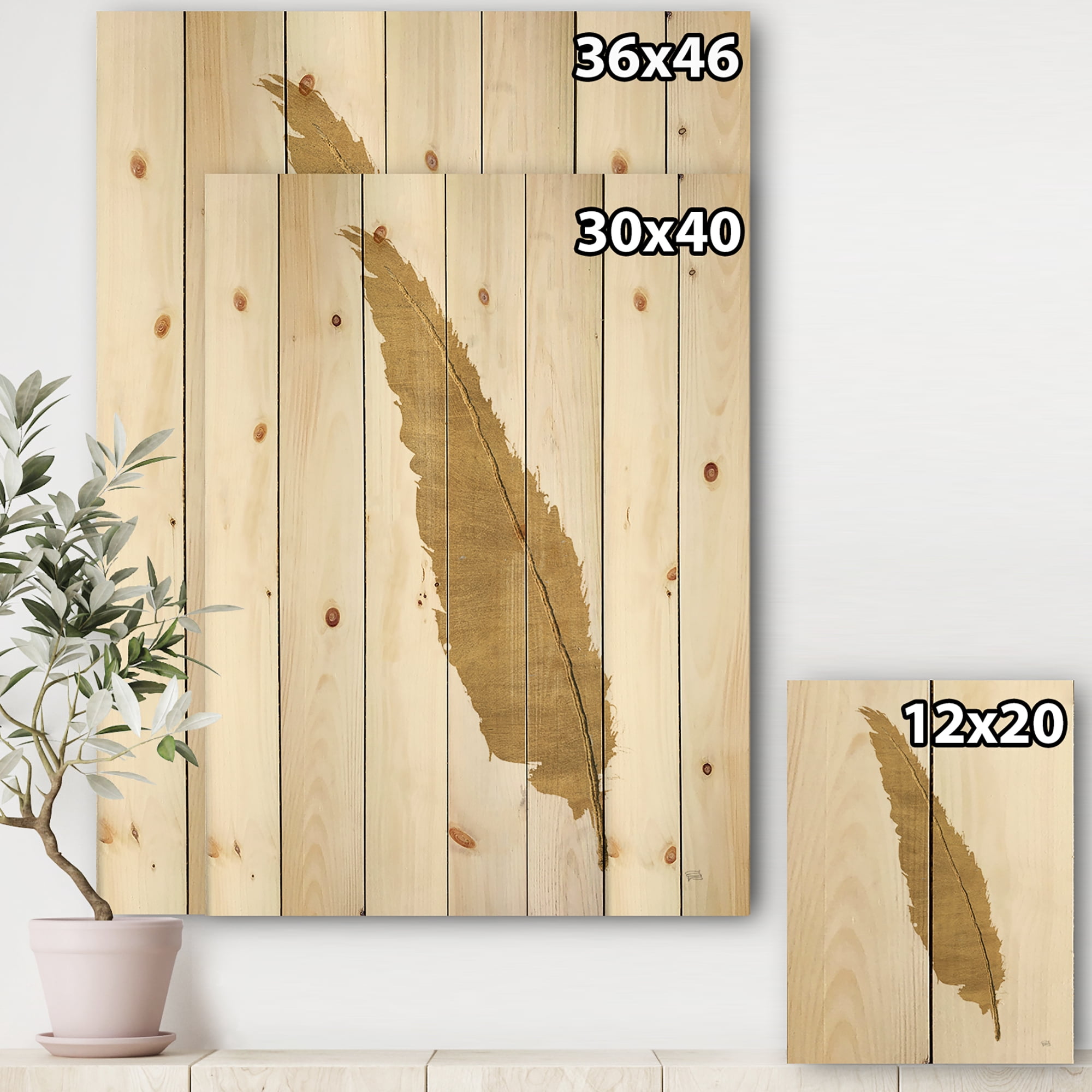 Designart 'Glam pure Gold Feather On White' Glam Print on Natural Pine Wood