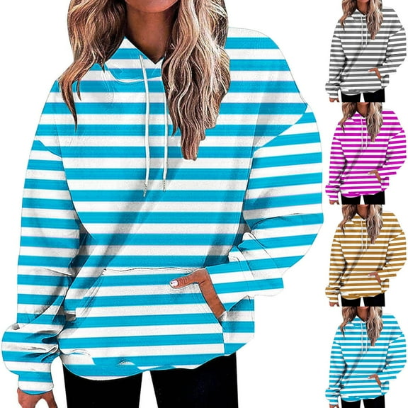 Ashirexll Hoodies for Women, Womens Hoodies Pullover, Ladies' Fashion Striped Loose Pocket Long Sleeve Hooded Sweatshirts Casual Tops