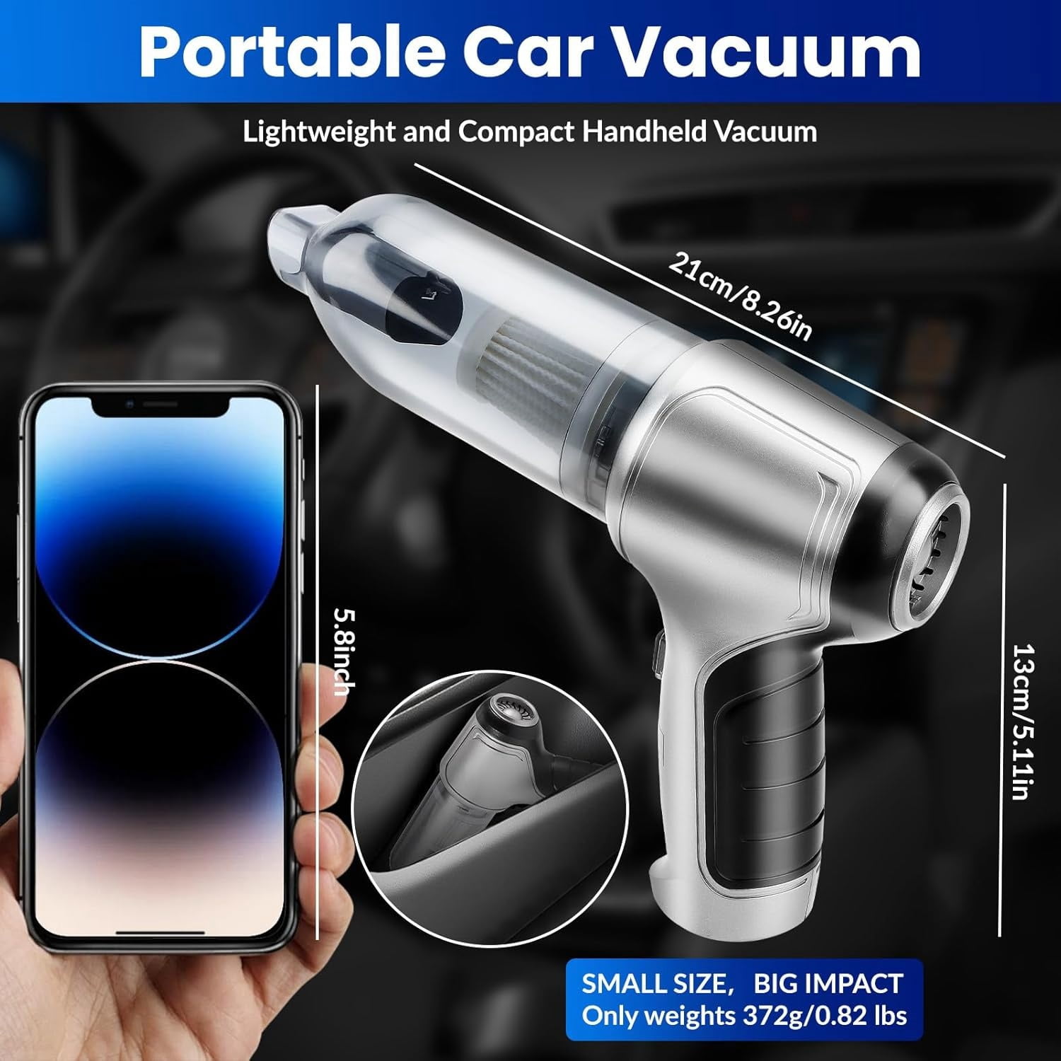 Boyun Daj Handheld Car Vacuum Cleaner, 15000Pa High Power Cordless 7-in-1 Wireless Mini Portable Vacuum Cleaner for Car Home Office, Perfect for Pet Hair