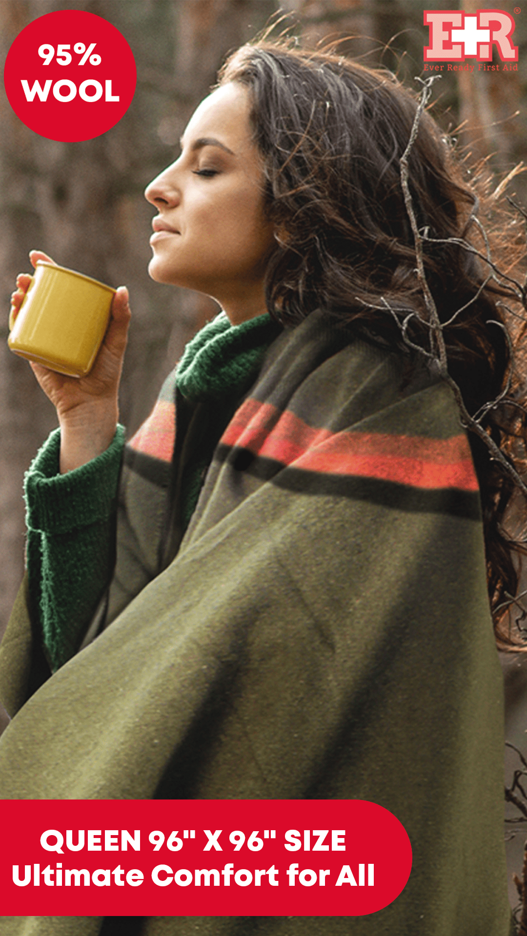 Ever Ready First Aid Military Wool Blanket - 95% Wool, Washable, Perfect for Outdoors, Picnics, Travel, Car & Bushcraft Emergency Blanket, 96" x 96" 6.65 lbs. - Olive Drab Green - Queen Size