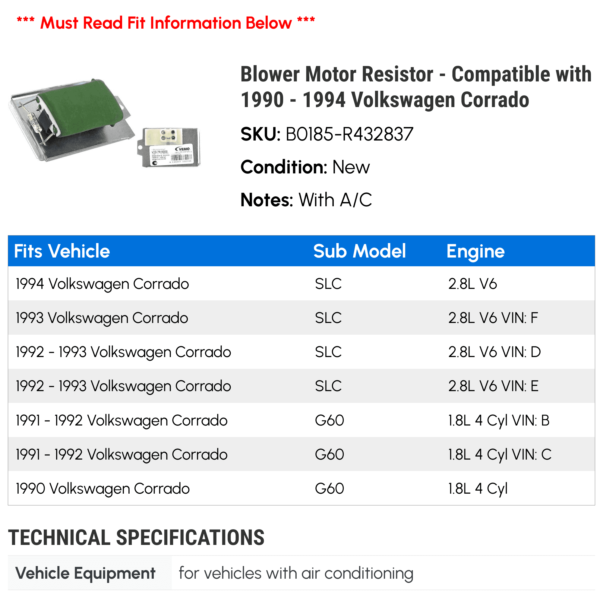 Blower Motor Resistor - Compatible with 1990 - 1994 Volkswagen Corrado 1991 1992 1993
