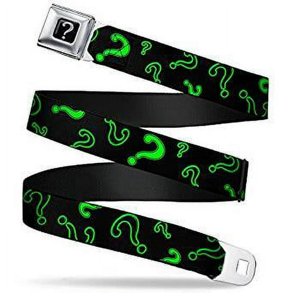 DC Comics Belt, Seatbelt Buckle Belt, Question Mark Scattered Black Neon Green, 30 to 44 Inches