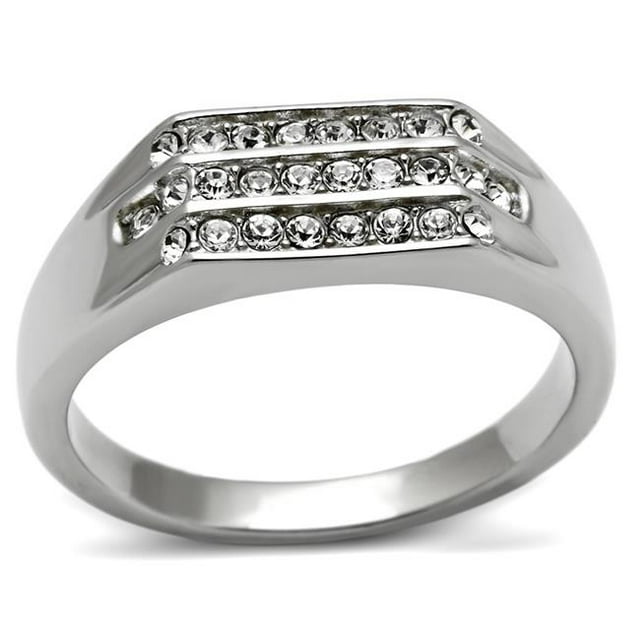 Men High Polished Stainless Steel Ring with Top Grade Crystal in Clear - Size 12