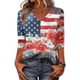 thumbnail image 4 of Wutalume Women's 3/4 Sleeve American Flag Top - Stars and Stripes Independence Day Print V-Neck T-Shirt, 4th of July Outfits for Women, 3/4 Length Sleeve Womens Tops,Multicolor XL, 4 of 7