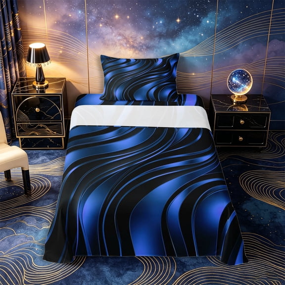 Castle Fairy 3D Metallic Blue Wave Twin Sheets 3pcs,Curved Glossy Abstract Texture Bedding,Dark Azure,1 Fitted Sheet,1 Flat Sheet and 1 Pillowcase