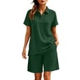 thumbnail image 6 of Costeam Womens 2 Piece Linen Blend Co Ord Set Notch Collar Button V Neck Short Sleeve Top Dual Side Pockets Elastic Waist Shorts Solid Color Summer Two Piece Outfit, 6 of 8