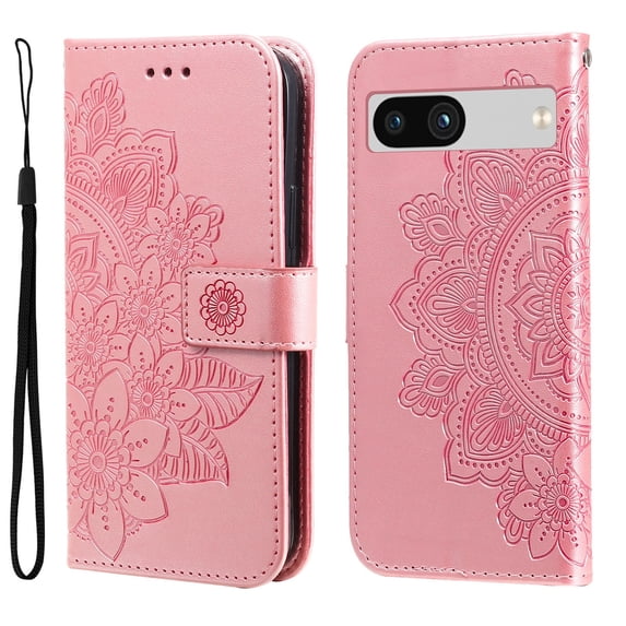 SaniMore for Google Pixel 7A Case with Wrist Strap, Fashion Flower Embossing Design for Girls/Women, Dual Magnet Card Holder Wallet Cover Kickstand Shockproof for Google Pixel 7A, Rosegold