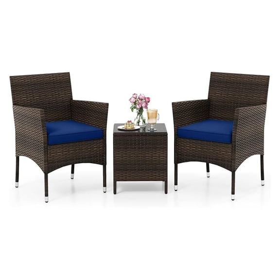3 Piece Patio Furniture Set, Outdoor Wicker Patio Chairs with Soft Cushions & Tempered Glass Top Table, PE Rattan Bistro Set for Porch, Garden, Balcony (Navy)