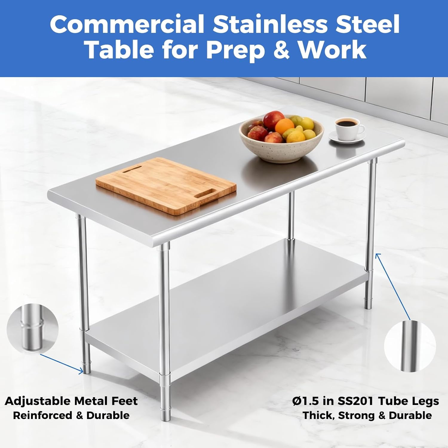 OSTBA Stainless Steel Table for Prep & Work 24x18 Inches, NSF Metal Commercial Heavy Duty Table with Adjustable Undershelf and Adjustable Foot for Restaurant Kitchen Home and Hotel