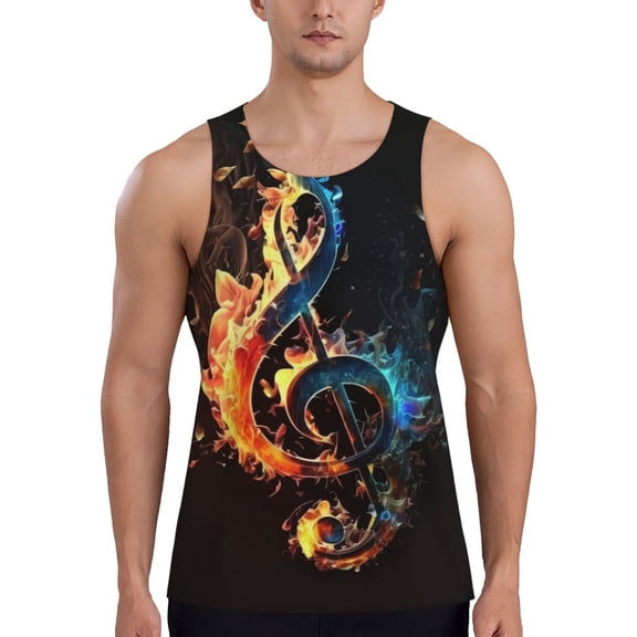 Men's Casual 3D Printed Tank Tops Sleeveless Graphic T-Shirt, Flaming Music Notes Fire