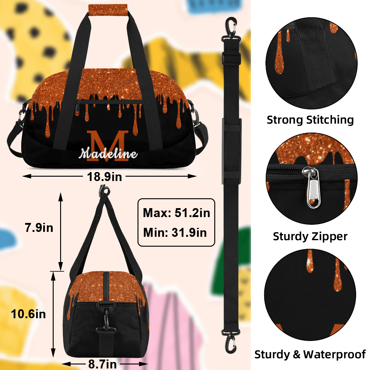 Herdesigns Personalized Sports Duffel Bag with Name Custom Weekender Overnight Bag Gym Bag Travel Dance Gymnastics Duffel Bag, Orange