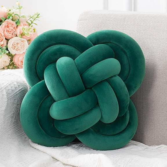 12" Dark Green Knotted Pillow - Soft Plush Decorative Throw Cushion for Couch, Bed, Living Room & Dorm Room