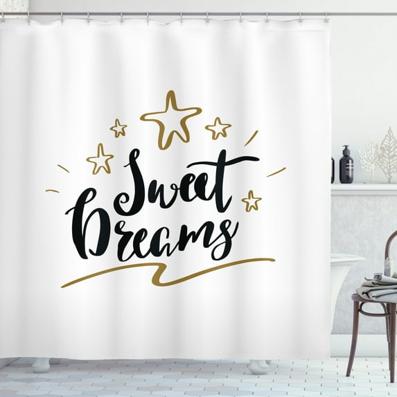 Sweet Dreams Shower Curtain, Hand Written Style Typography with Doodle Stars Positive Phrase, Fabric Bathroom Set with Hooks, 69W X 70L Inches, Pale Coffee and Black, by Ambesonne