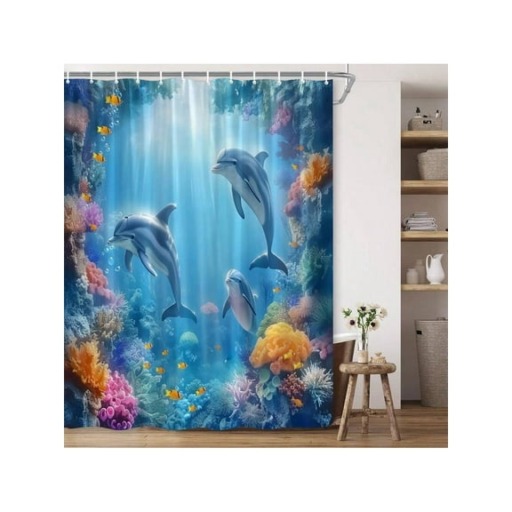 Dolphin Shower Curtain Blue Ocean Animal Tropical Fish Coral Underwater Reefs Seabed Marine Sunlight Penetrates Sea Beach Polyester Fabric Bathroom Decor 70*70 Inch With Hook Back To School