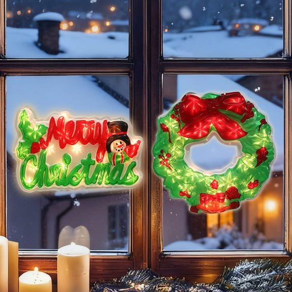 2-Pack Lighted Christmas Window Silhouette Decorations | "Merry Christmas" & Christmas Wreath Designs | Indoor Decor for Window, Glass Wall