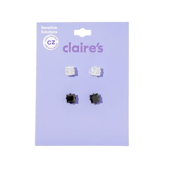 Claire's Teen Girls Clear and Black Cubic Zirconia Square Stud Earrings, 2-Pack, 7MM