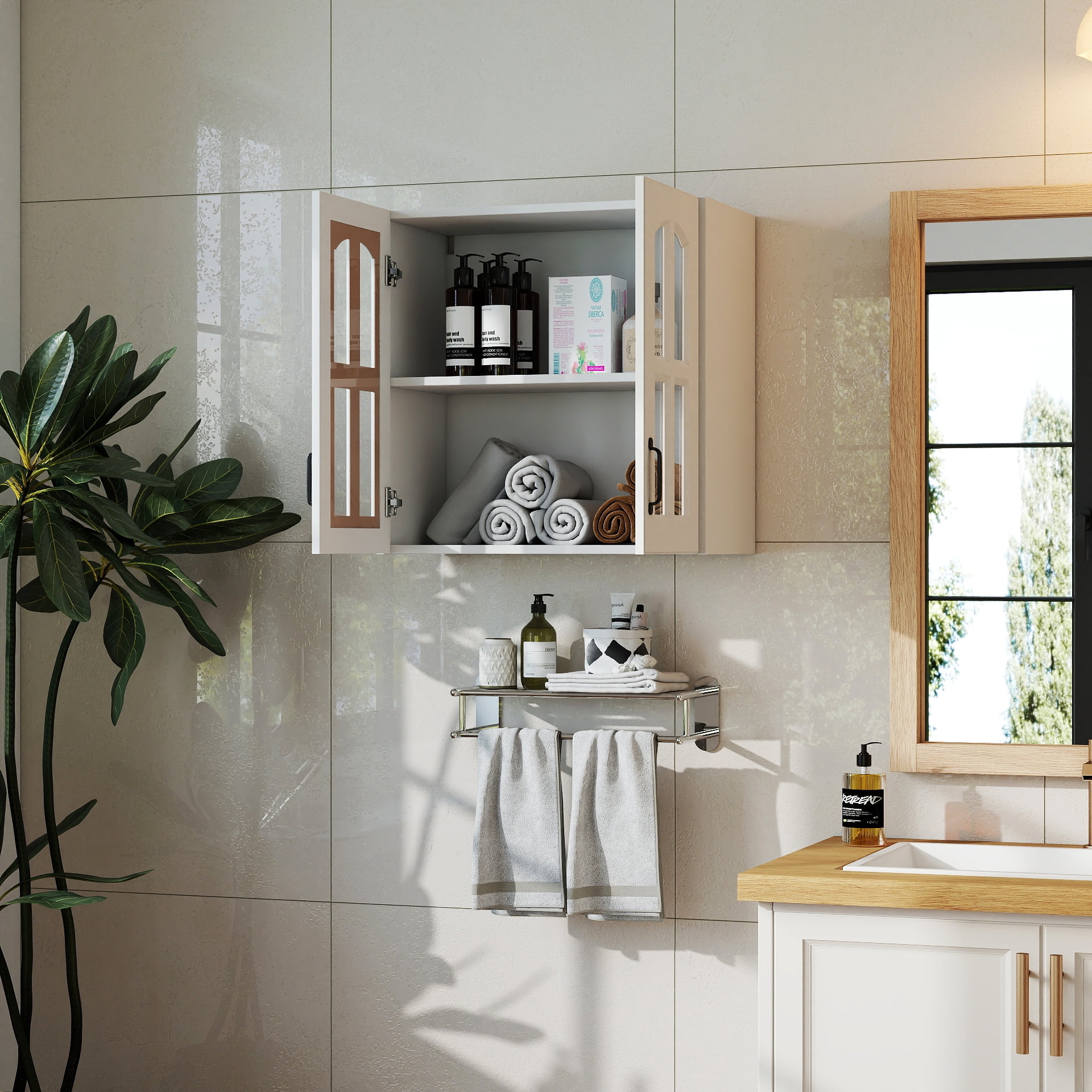 Mintazer Bathroom Wall Cabinet with 4-Pane Glass Doors, Wall-Mounted Storage Cabinet with Adjustable Shelf for Bathroom Kitchen, White