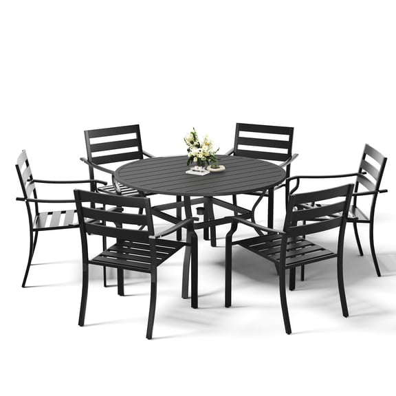 HOMREST 7 Piece Outdoor Patio Dining Set for 6, 48" Round Metal Table with Umbrella Hole and Storage Shelf, Stackable Wrought Iron Chairs, Large Patio Furniture Set for Deck/Backyard/Poolside/Garden