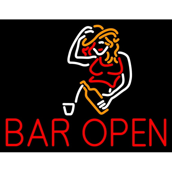 Bar Open With Girl LED Neon Sign 15 x 19 - inches, Clear Edge Cut Acrylic Backing, with Dimmer - Bright and Premium built indoor LED Neon Sign for Bar decor.