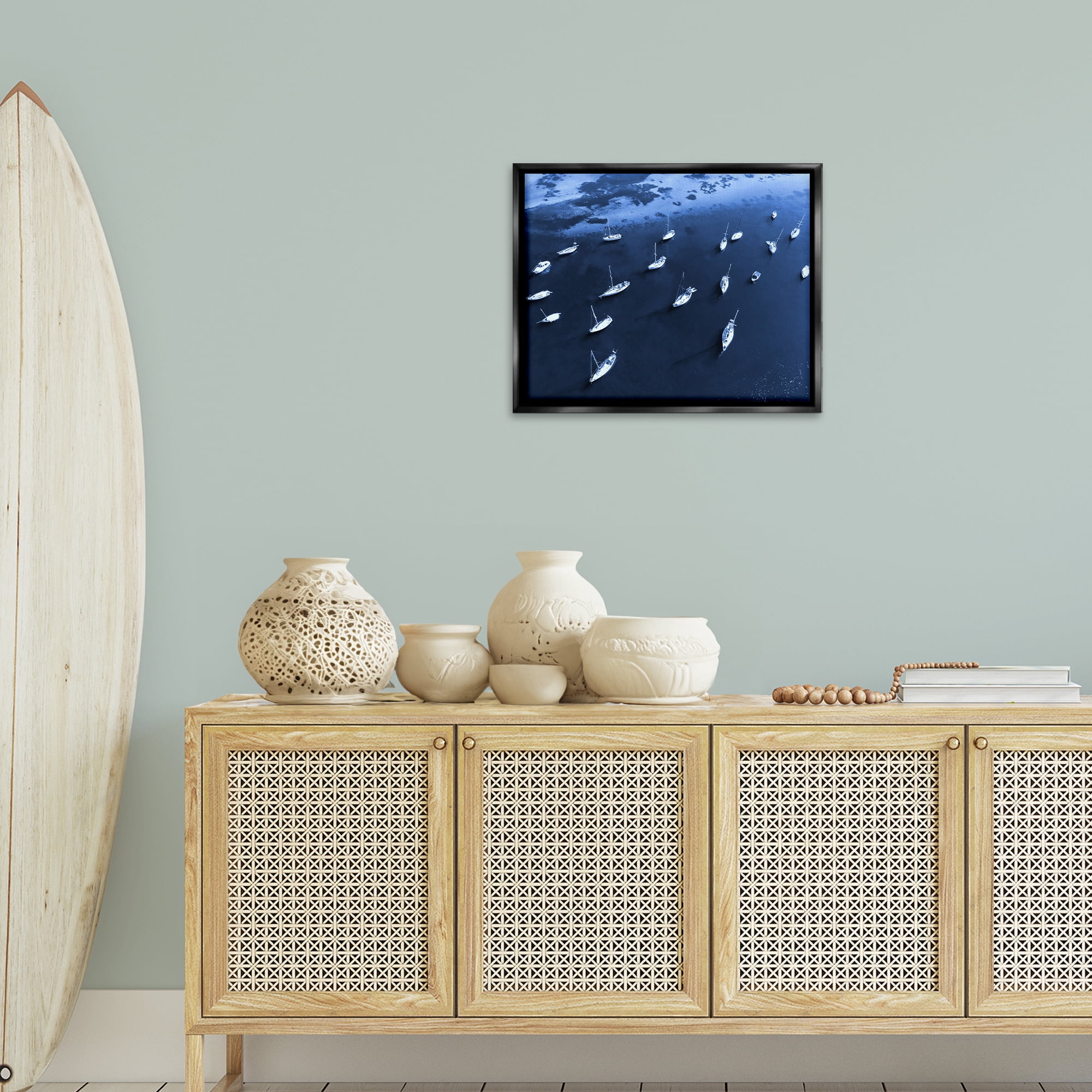 Stupell Industries Scattered Boats on Sea Transportation Photography Black Floater Framed Canvas Art Print Wall Art, 21 x 17