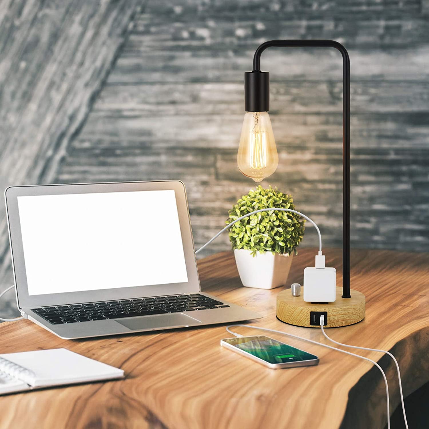 Industrial Desk Lamp With Dual Usb Ports And Ac Socket, Retro Minimalist Industrial Style Desk Lamp