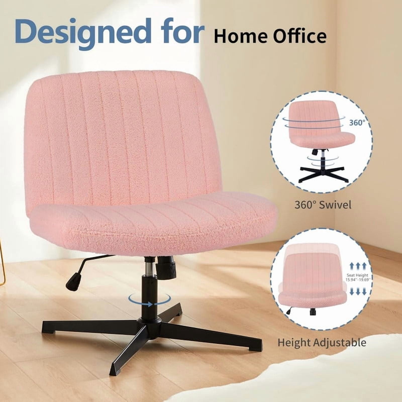 Kelno Teddy Cross Legged Desk Chair Wide Seat Chair Ergonomic Height Adjustable Swivel Office Vanity Chair, Pink