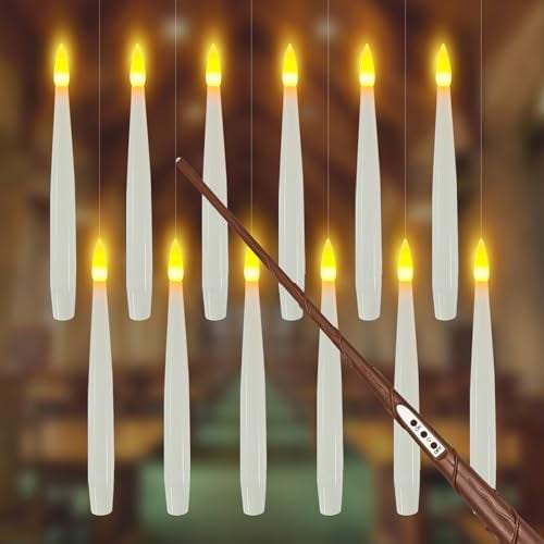 Floating Candles with Wand 20 PCs Magic Hanging Candles Flickering Warm Light Flameless Floating LED Candle with Wand Remote Battery Operated Window Taper Candle Set for Halloween Deco