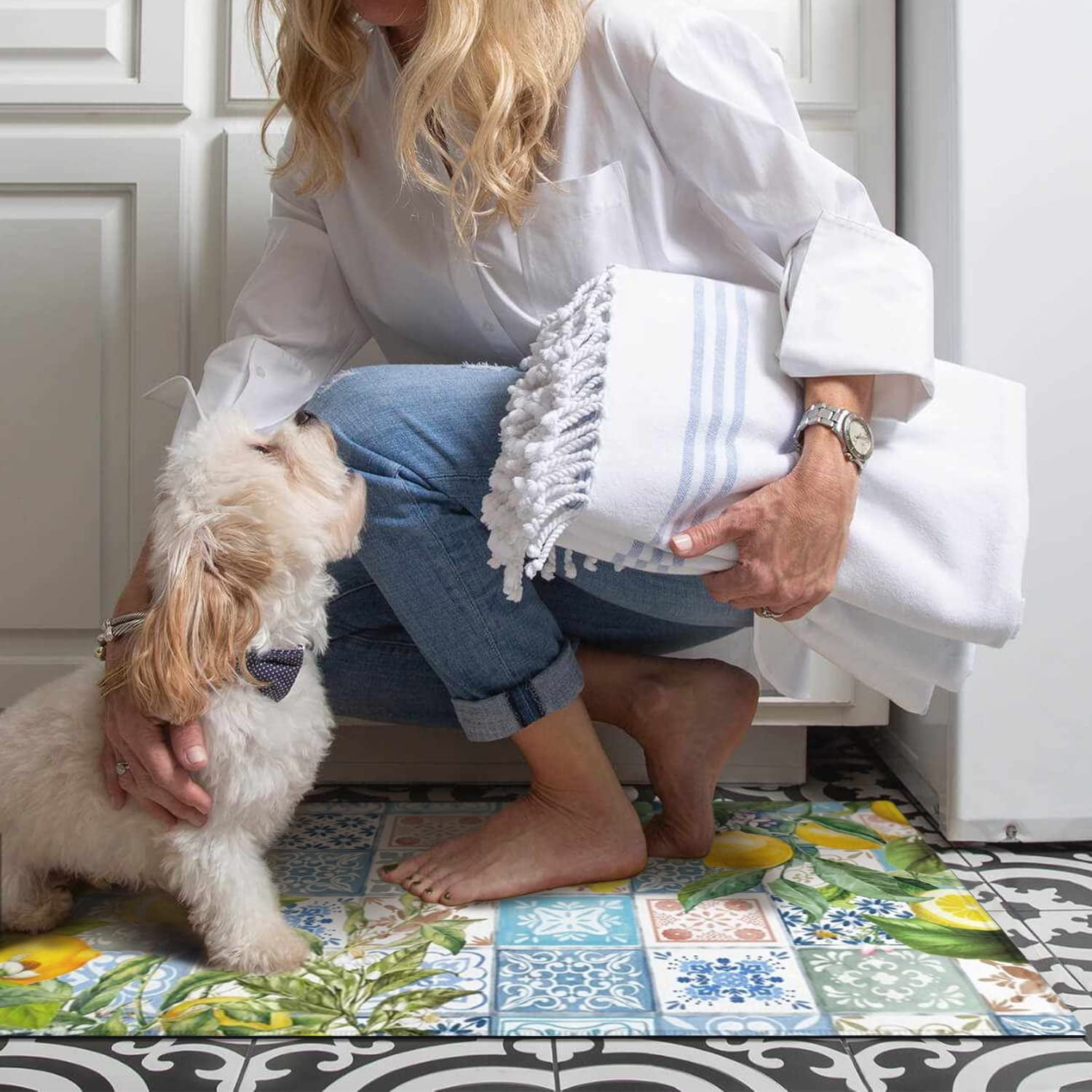 Lemon Kitchen Mat Set of 2,Boho Lemon Kitchen Rugs and Mats Non Skid Washable,Bohemian Kitchen Runner Rugs with Rubber Backing (17"x48"+17"x30")