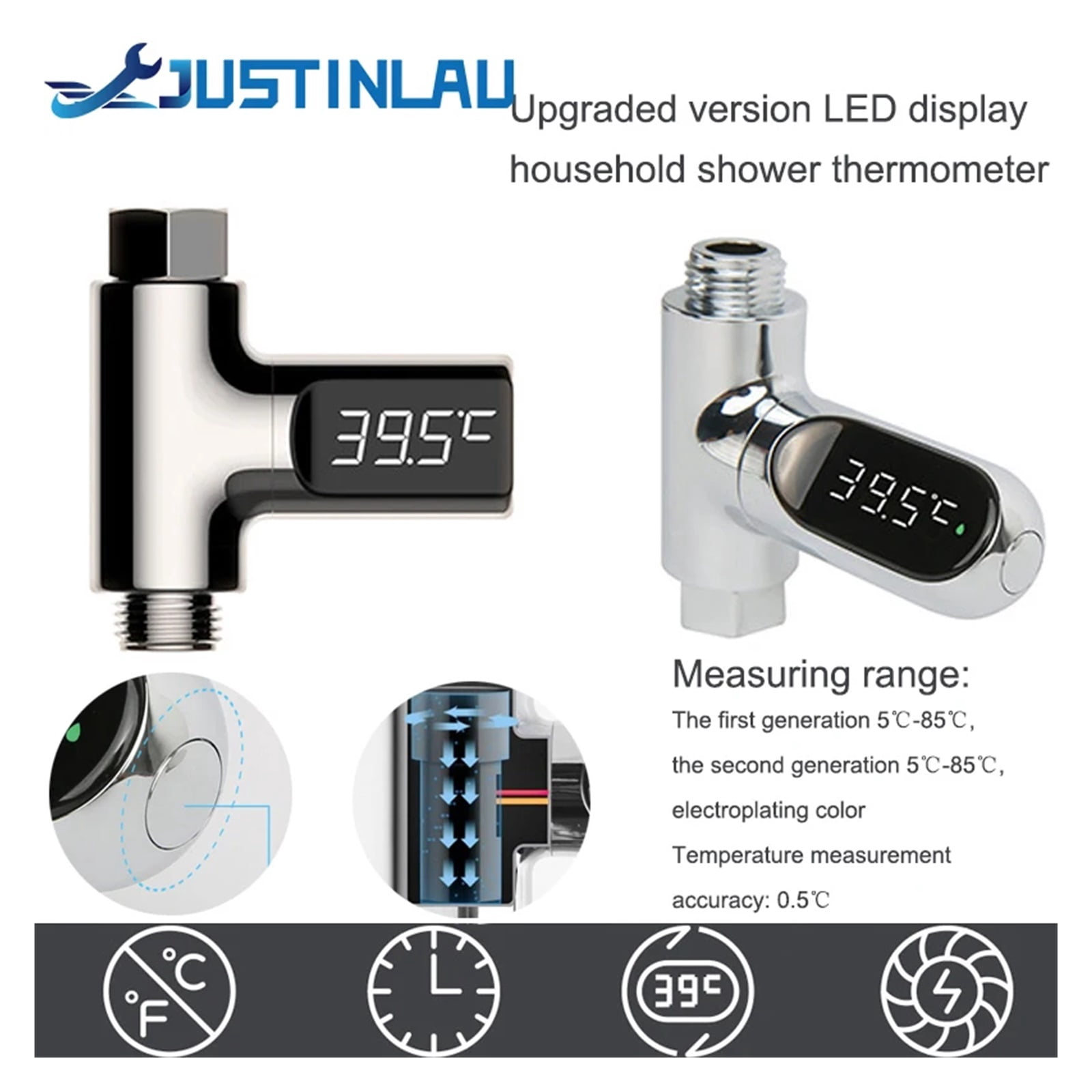 LED Display Household Water Shower Thermometer 5-85 Flow Self-powered Water Thermometer Monitoring Baby Care Energy Smart Meter ,Accurate Measurement