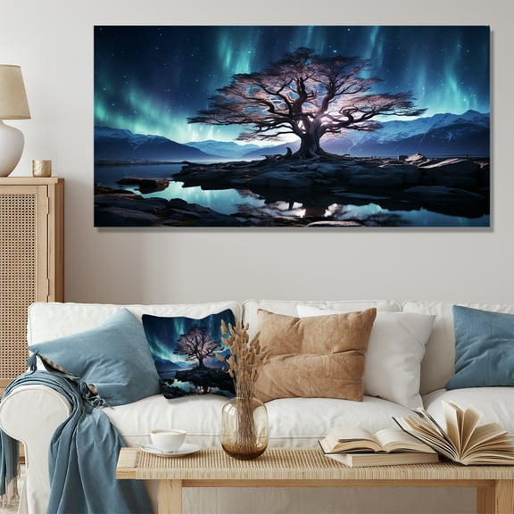 Designart "Aurora Borealis Fantasy Blue and Pink Tree II" Extra Large Landscapes Wall Art - Country Blue Tree Entryway Wall Art Print