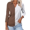 thumbnail image 2 of gbyLJF V-neck Lapel T-shirt for Women Two-color Patchwork 3/4 Length Sleeve Tops Women's Casual Fashion Outfits, 2 of 5