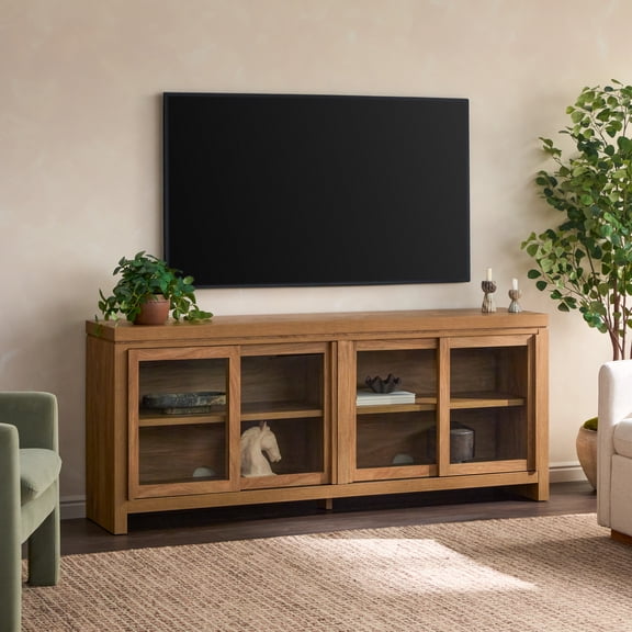 Walker Edison Modern Window Pane TV Stand/Sideboard with Sliding Doors, Heritage Oak