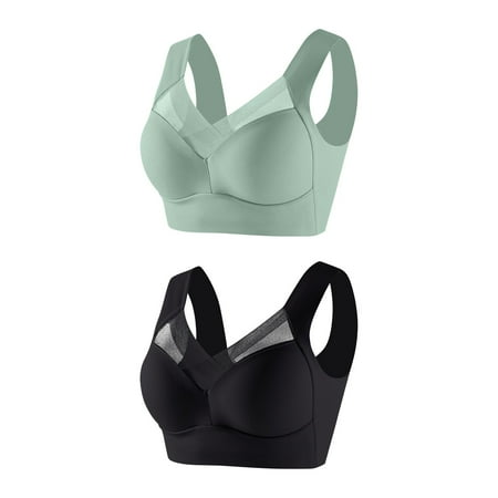 Ndbuld Bra for Women Plus Size 2 PCS Women s Sexy Printed Front Button Non-Steel Ring Lingerie Soft Cotton Plus Size Underwear Bra Black L