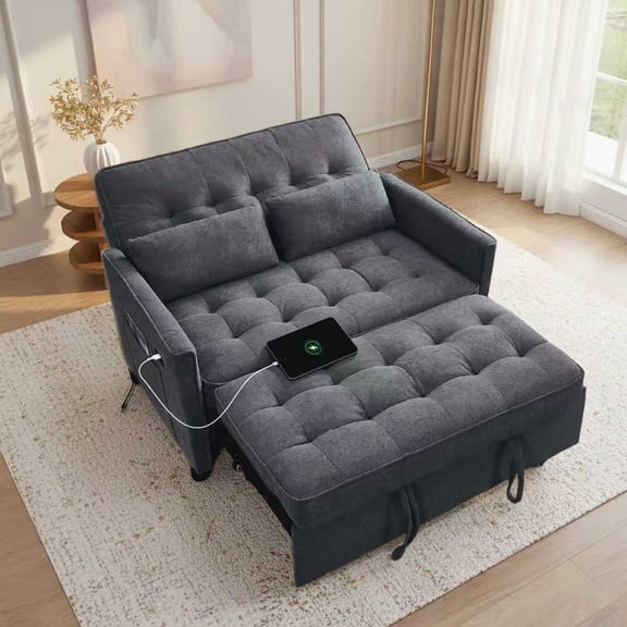 Howcool Sleeper Sofa with Pull Out Couch, 55" Convertible Loveseat Sofa Bed with Adjustable Backrest, USB Charging Ports & Side Pocket, Terry Cloth Fabric for Living Room Small Spaces,Dark Grey