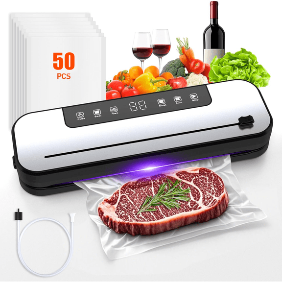 Vacuum Sealer for Food, 75KPA Suction Food Saver with Dry/Moist Modes & Digital Timer, Food Saver Vacuum Sealers Machine with 50 bags, Ideal for Home Kitchen Use (50 Pcs)