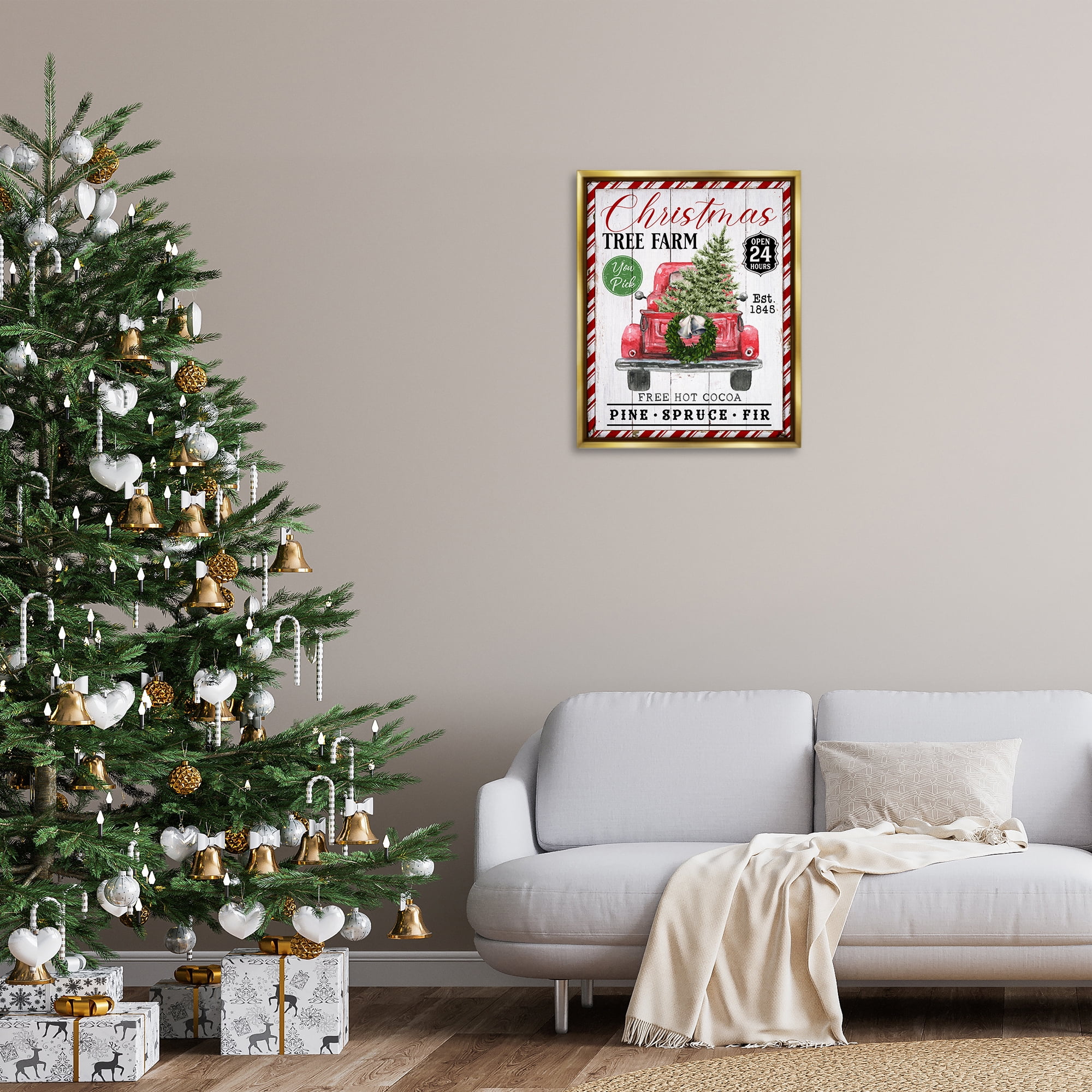 Stupell Industries Holiday Tree Farm Sign Holiday Painting Gold Floater Framed Canvas Art Prints Wall Art, 25 x 31