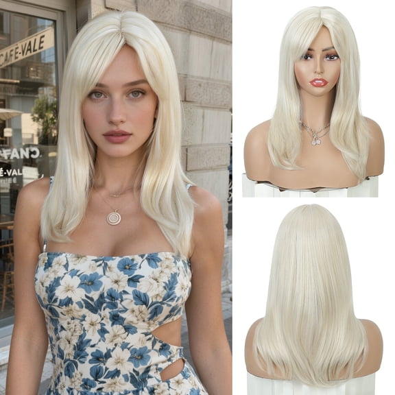 QUEENTAS 18 Inch Platinum Blonde Wigs For Women Long Straight Hair Wig With Bangs Heat Resistant White Blonde Layered Wig For Women Daily Party Cosplay Use