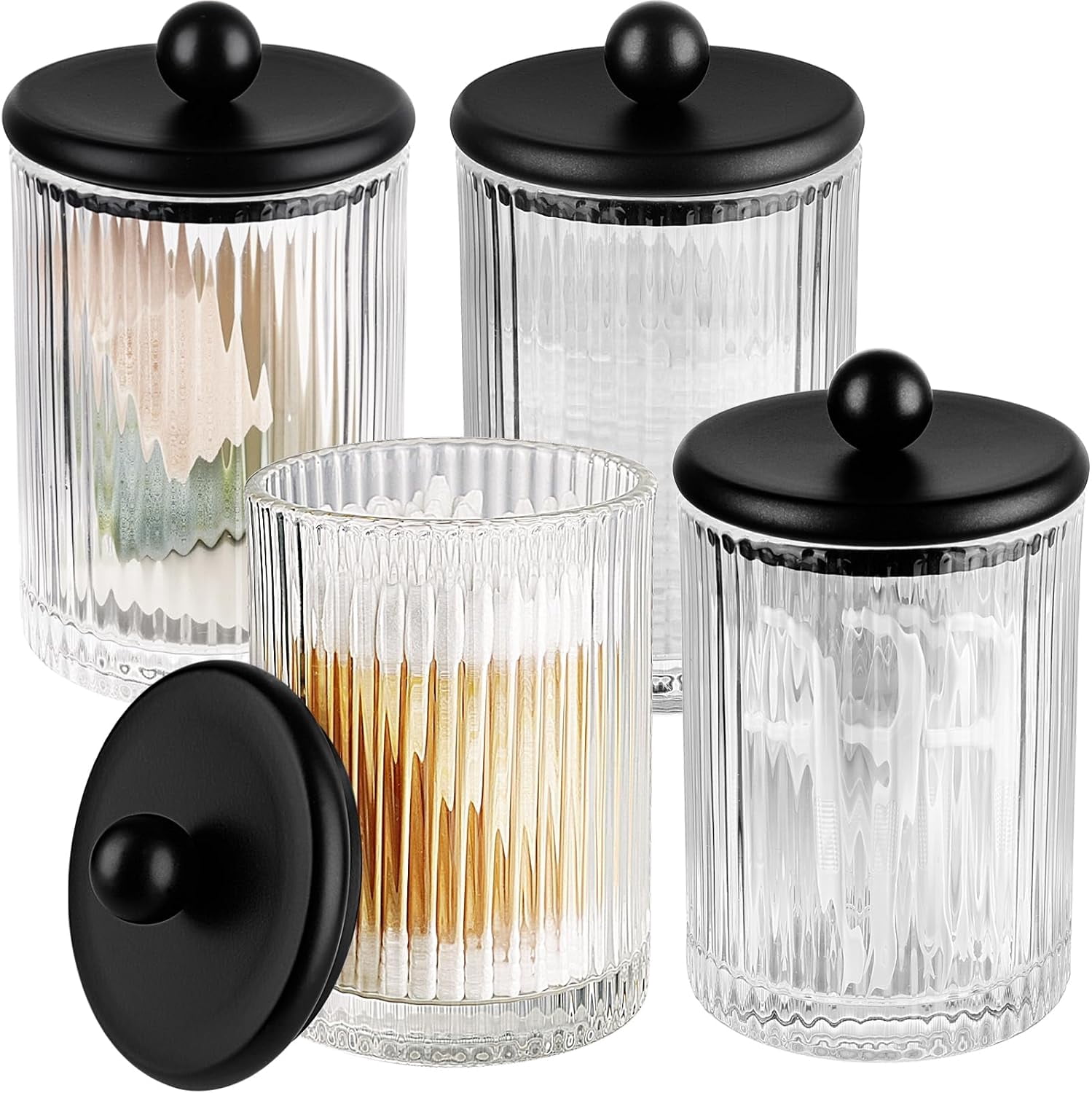 RGHJAR-4-Pack Black Ribbed Glass Qtip Holder - Apothecary Jars Bathroom Organizer Set with Lids - Vanity Storage Canisters for Cotton Balls, Pads, Swabs, Floss Picks - Modern Farmhouse