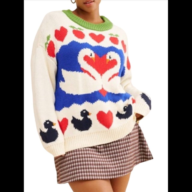 Suéter Tipo Túnica con Estampado de Cisne para Mujer, Cuello Redondo, Larga, Informal, Holgado, de Punto, para Otoño L