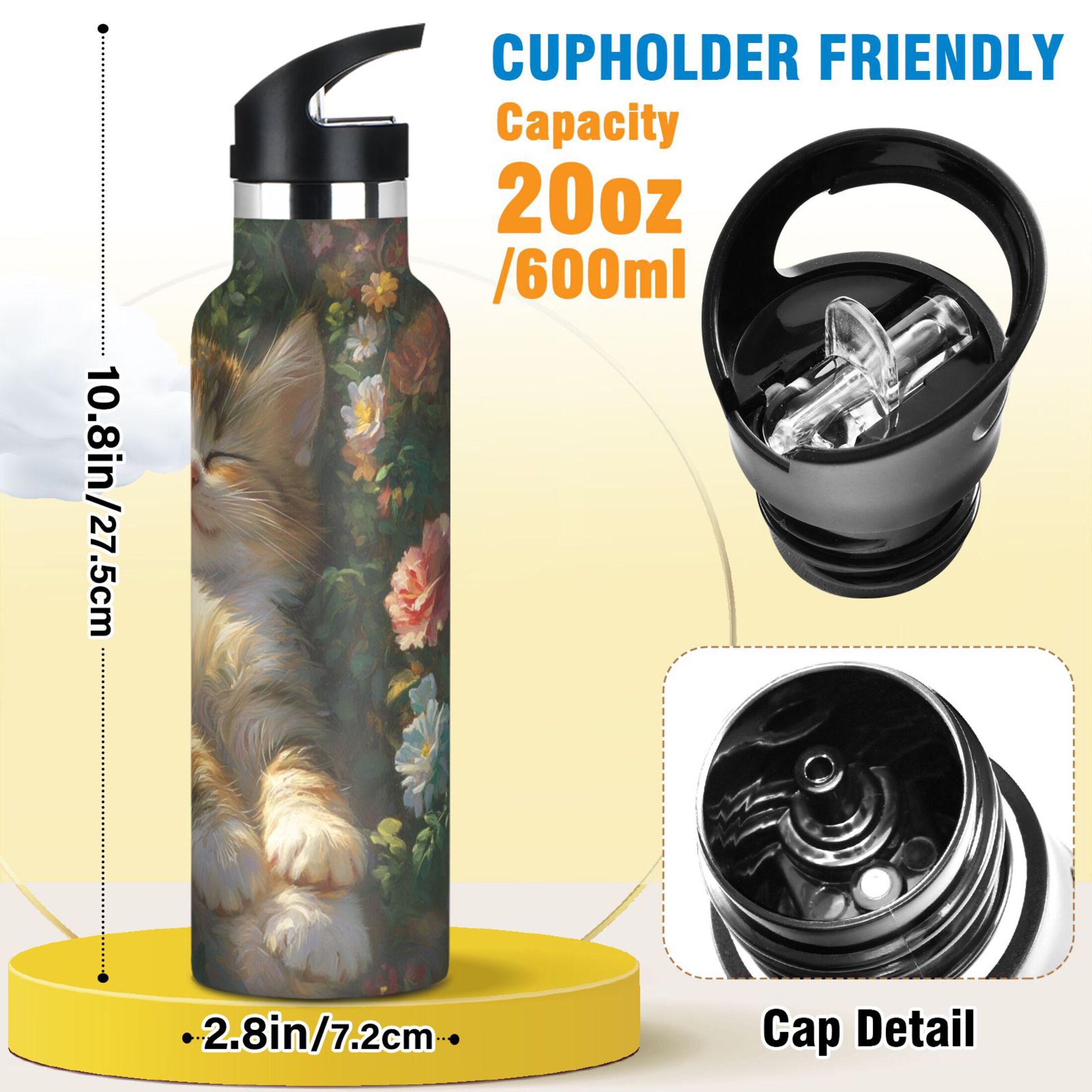 600ML Stainless Steel Insulated Cup Sports Water Bottle Portable Thermos Cup Water Glasses Insulated Tumblers Convenient and Durable Sleeping Cute Cat