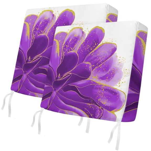 Outdoor Patio Cushion Covers 2 Pack Purple Watercolor Floral Chair Pads Slipcovers with Ties & Zipper Waterproof Seat Cover Set Golden Lines Seat Cushion Covers for Outdoor Couch Sofa 24x24 Inch