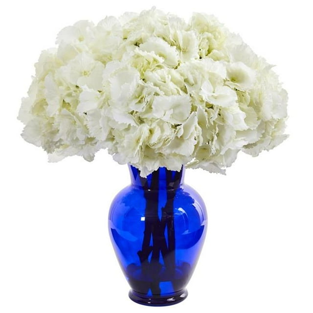 Nearly Natural 1655-WH Hydrangea Artificial Arrangement in Blue Vase - White