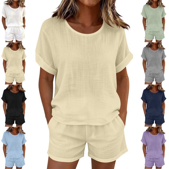 MLCDZ Womens Cotton Linen 2 Piece Lounge Sets Summer Round Neck Short Sleeve Tops and Wide Leg Shorts Set Airport Travel Outfits with Pockets