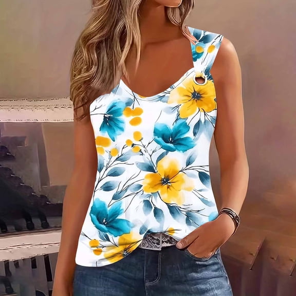 QUNYINEY Sleeveless Women Tank Top V Neck Floral Camisole Casual Shirts Loose Summer Going Out Tank Tops