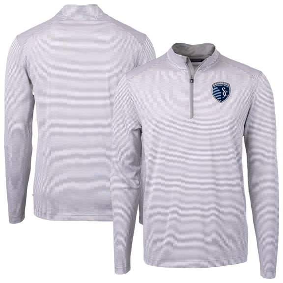 Men's-Cutter & Buck  Gray Sporting Kansas City Virtue Eco Pique Micro Stripe Recycled Quarter-Zip Top