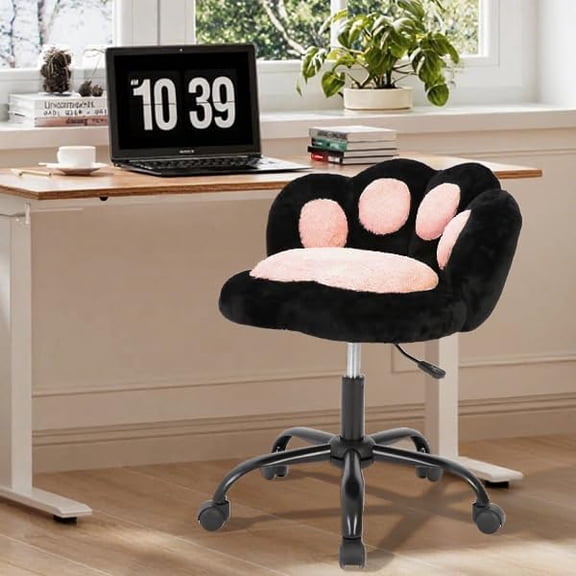 Vanity Chair with Wheels,Cute Cat Paw Office Chair with Back,360°Rotating Height Adjustable Armless Chair in Vibrant Color-Blocking,Small Desk Chair,Plush Cushion for Bedroom,Make-Up Room Home Office