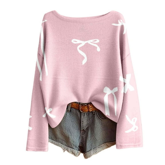 Tiweut Women Bow Sweater Casual Crew Neck Long Sleeve Pullover Sweaters y2k Lightweight Knitted Jumper Tops Winter Clothing,Pink,S