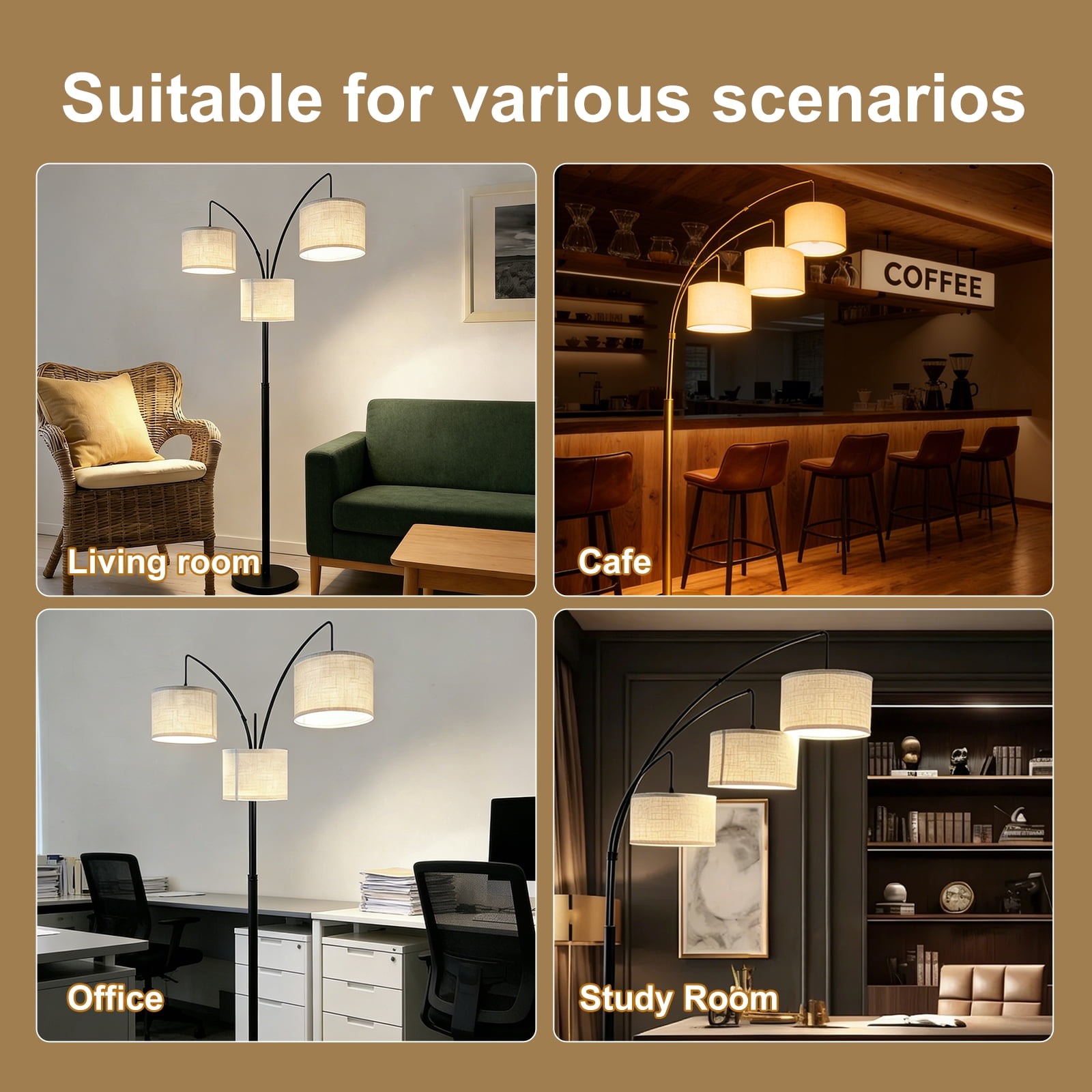 Anrotix Dimmable Arc Floor Lamp with 3 LED bulb Rotary Switch Modern Tall Standing Lamp Beige Shades