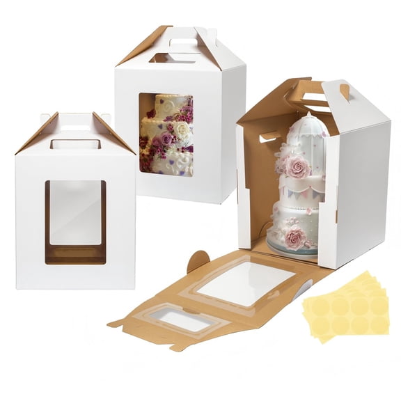 3 Pack Tall Cake Boxes for Tier Cakes 10x10x12 Inch Disposable Layer Tall Cake Baking with Window Large Tierd Bakery Take Out Transport Containers with Handle for Wedding, Birthday, Party