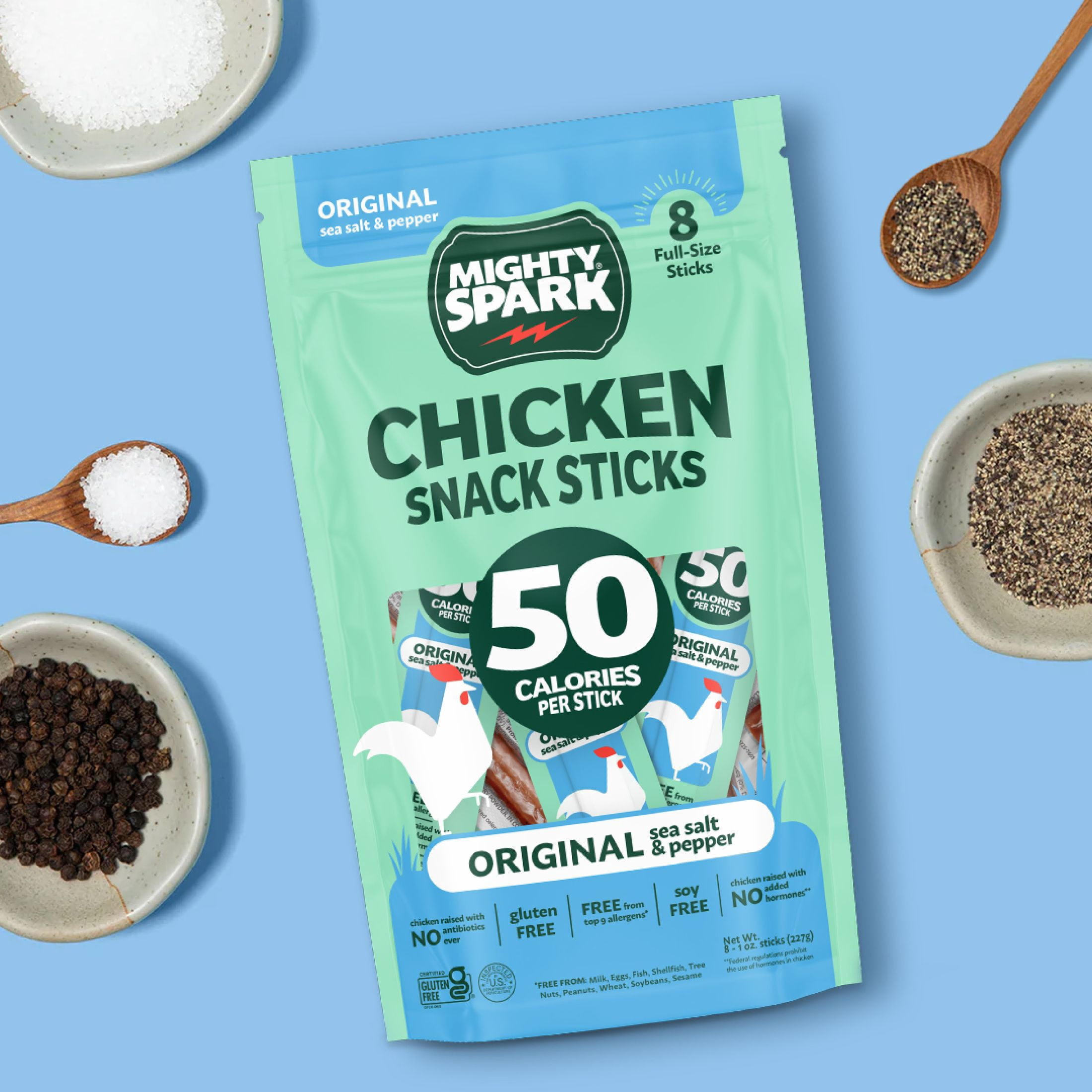 Mighty Spark Original Sea Salt & Pepper Chicken Snack Sticks, 8 oz, 8 Count Bag